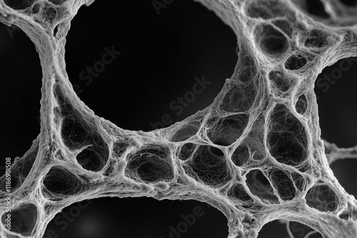 Intricate details of a fibrous structure showcasing interconnected network of fibers in a monochromatic setting photo