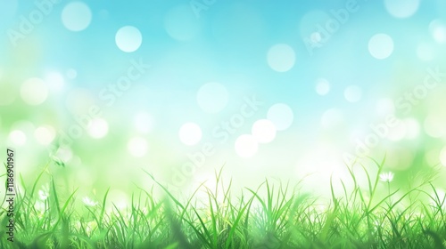 Beautiful sunny spring meadow with green grass and blue sky. Abstract background with light bokeh and space for text