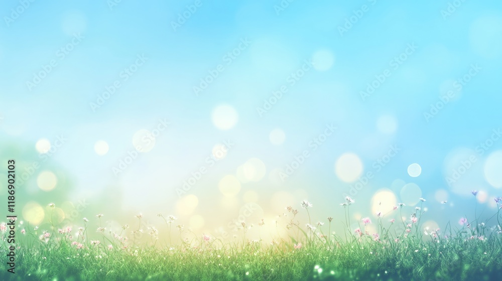 Obraz premium Beautiful sunny spring meadow with green grass and blue sky. Abstract background with light bokeh and space for text