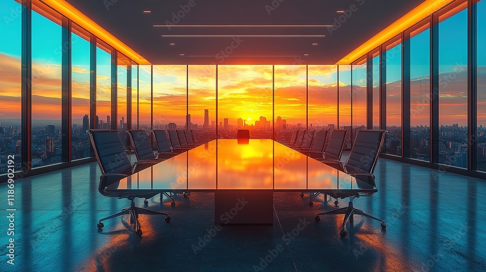 Fototapeta premium A modern conference room with a glass table and chairs, overlooking a vibrant sunset city skyline.