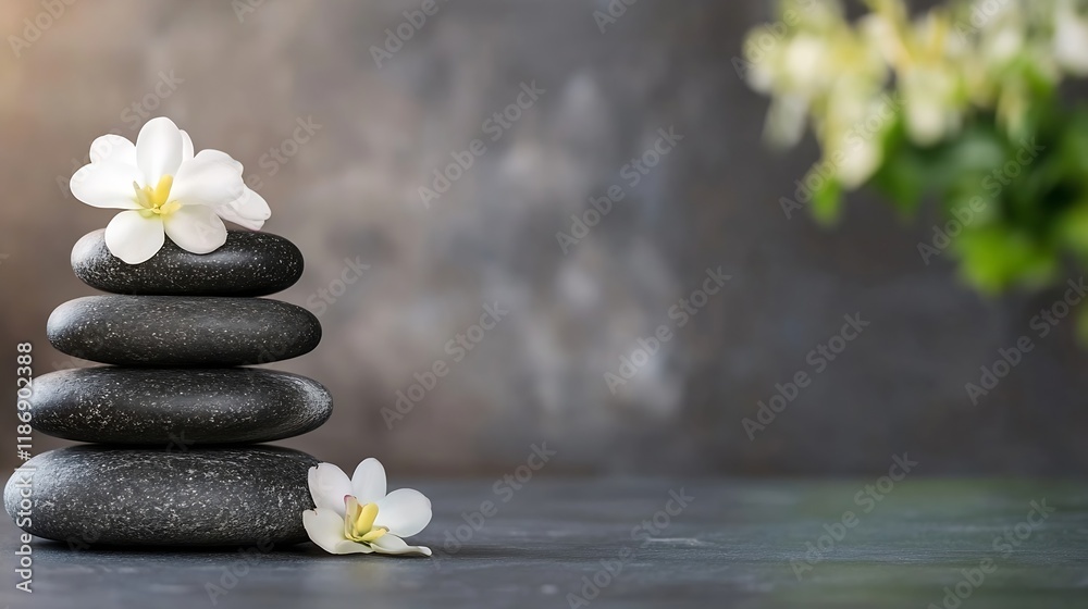 Serene Balance of Smooth Black Spa Stones with White Flowers in Tranquil Zen Setting : Generative AI Serene Balance of Smooth Black Spa Stones with White Flowers in Tranquil Zen Setting : Generative AI