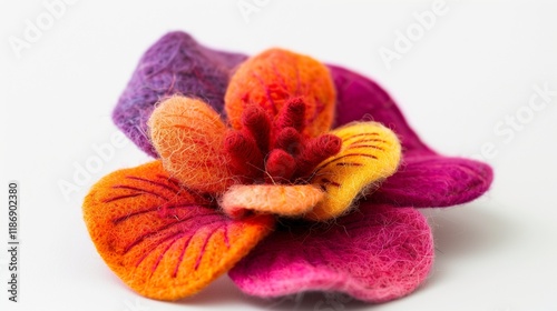 A detailed shot of a handmade felt flower brooch, with soft textures and vivid colors, on a white background.
