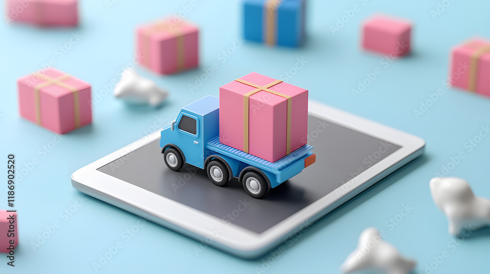 colorful toy truck carrying pink gift boxes on tablet screen symbolizes modern logistics and delivery systems. This playful scene captures essence of e commerce and shipping