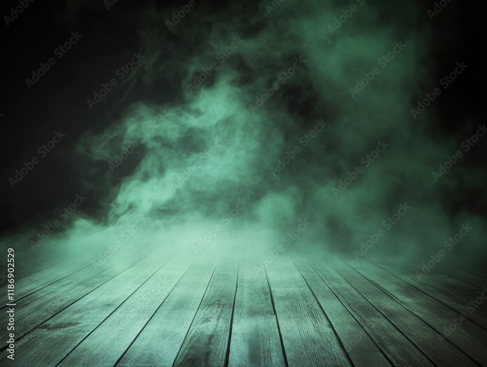 Mysterious green fog envelops an empty wooden floor during nighttime, creating an eerie atmosphere for creative projects or performances Mysterious green fog envelops an empty wooden floor during nighttime, creating an eerie atmosphere for creative projects or performances