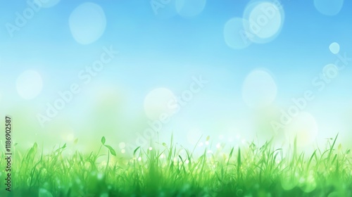 Beautiful sunny spring meadow with green grass and blue sky. Abstract background with light bokeh and space for text