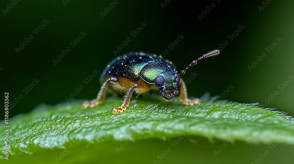 Naklejka premium Close Up of Jewel Colored Beetle Resting on Leaf in Lush Greenery : Generative AI