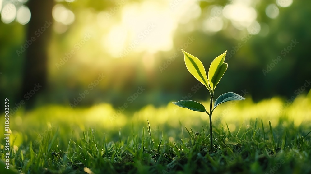 Fototapeta premium Young Green Seedling Growing in Sunlit Refreshing Spring Garden : Generative AI