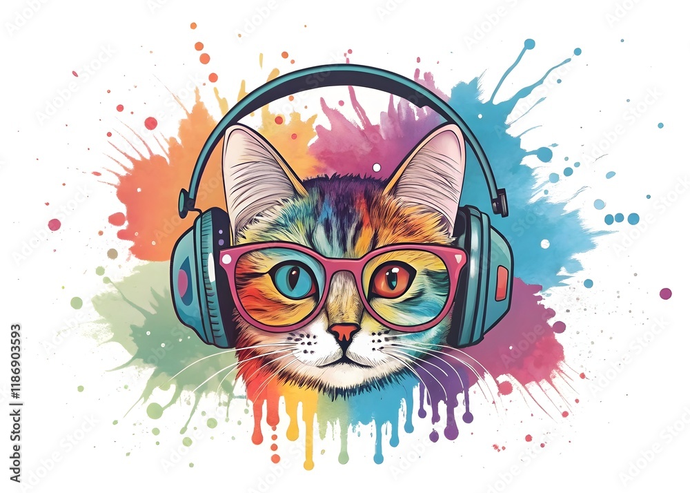 Fototapeta Colorful Cat with Headphones Glasses Watercolor Splash