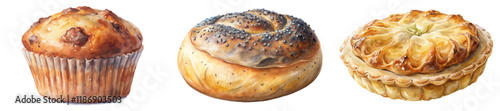 Fresh baked goods, watercolor illustration, delicious pastries, muffin, bagel, pie, food art, culinary design.