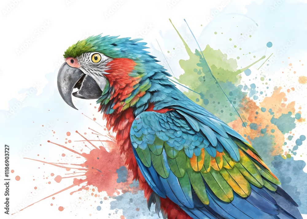 Obraz premium Colorful Macaw Parrot Watercolor Painting Tropical Bird Art