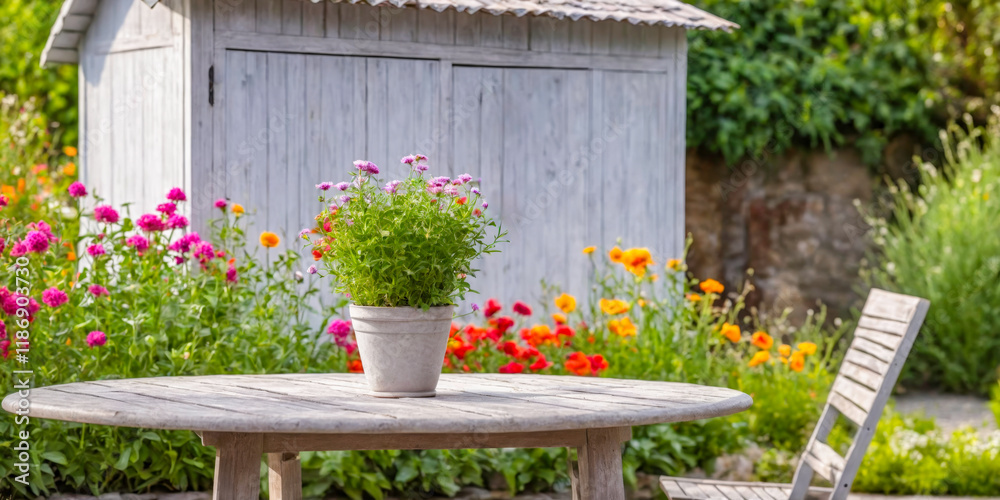 Fototapeta premium Potted Flowers on Wooden Garden Table