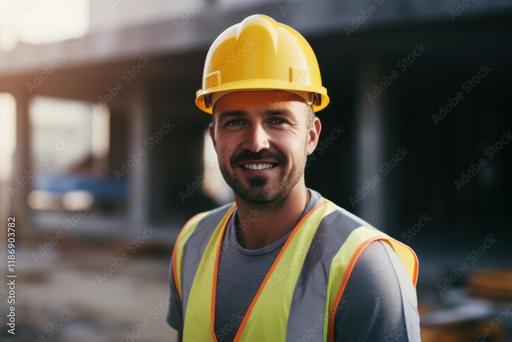 Smiling construction worker wearing hard hat and safety vest at building site during sunny afternoon Smiling construction worker wearing hard hat and safety vest at building site during sunny afternoon