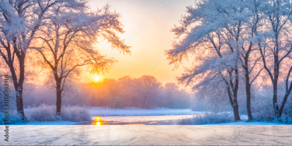 Naklejka premium Winter Sunrise Landscape with Marble Tabletop