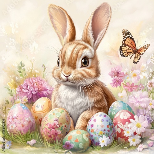 Cute bunny surrounded by colorful decorated eggs in a spring garden filled with flowers and a butterfly fluttering nearby