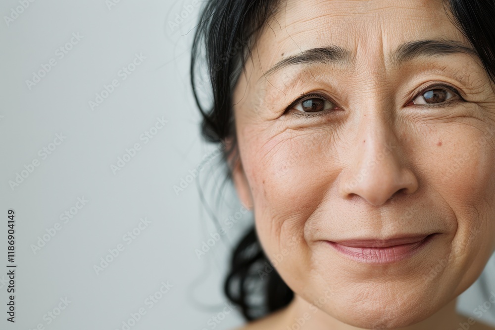 Elderly woman with warm smile and gentle expression posing against a light background in a well-lit indoor setting, showcasing grace and character in her features Elderly woman with warm smile and gentle expression posing against a light background in a well-lit indoor setting, showcasing grace and character in her features