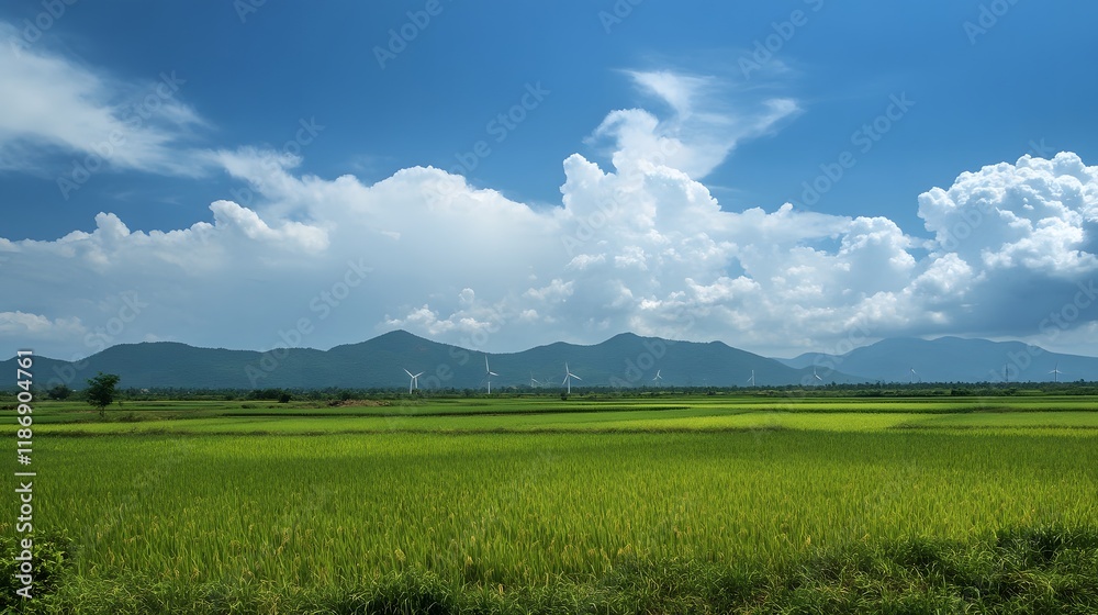 Lush Green Rice Paddy Fields Under a Cloudy Sky Lush Green Rice Paddy Fields Under a Cloudy Sky