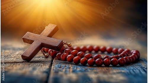 Wooden Cross and Prayer Beads on Rustic Table with Soft Sunlight Glowing in Background, Symbolizing Faith, Spirituality, and Reflection