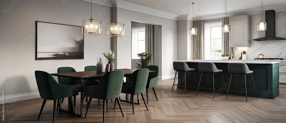 Fototapeta premium dining room featuring sleek green chairs, a polished gray dining table, and minimalist lighting.