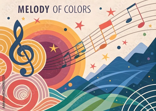 Colorful Music Notes Landscape Retro Art Abstract Hills Treble Clef Melody Design