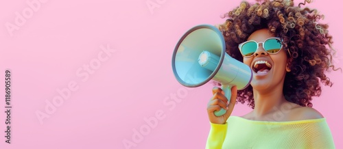 Cheerful young African woman with curly hair wearing sunglasses, holding a vintage megaphone, side view on a pastel pink background. Sale advertisement web banner with space for text.