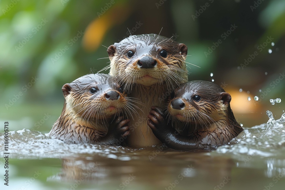 Playful river otters swim together in a lush habitat during daylight hours Playful river otters swim together in a lush habitat during daylight hours