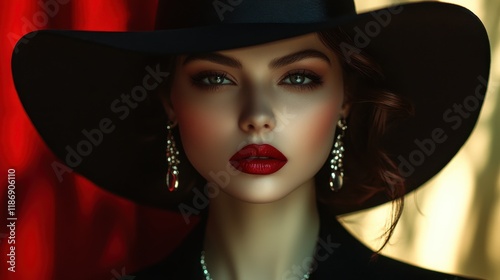 Elegant woman with striking red lips and a large black hat poses against a colorful backdrop in a chic urban setting showcasing glamour and sophistication