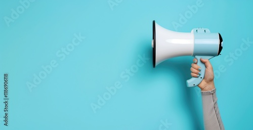 Close-up of a female hand holding a megaphone on a pastel blue background with space for text. Perfect for advertising, announcements, and marketing designs.