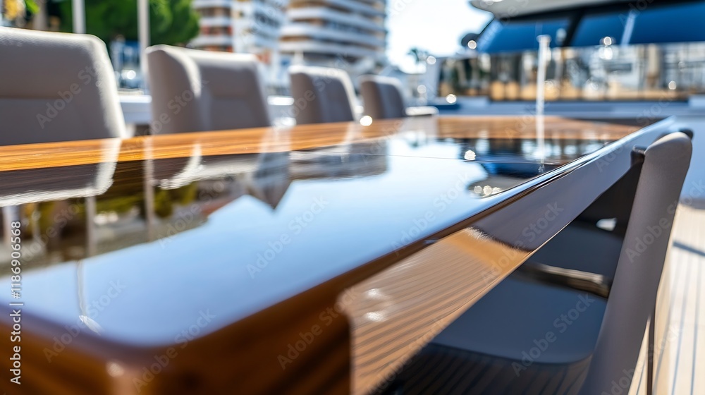 Fototapeta premium Elegant Yacht Interior with Shiny Wooden Table and Modern Design Elements : Generative AI