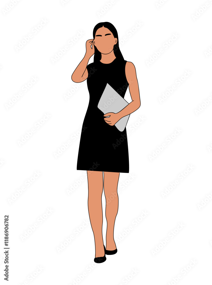 Fototapeta premium Young business woman standing in office black dress holding laptop. Pretty lady boss character vector illustration isolated on transparent background