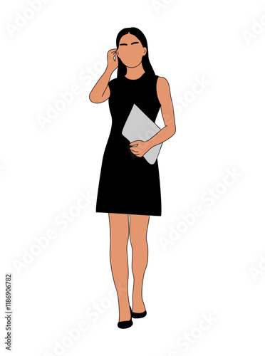 Young business woman standing in office black dress holding laptop. Pretty lady boss character vector illustration isolated on transparent background