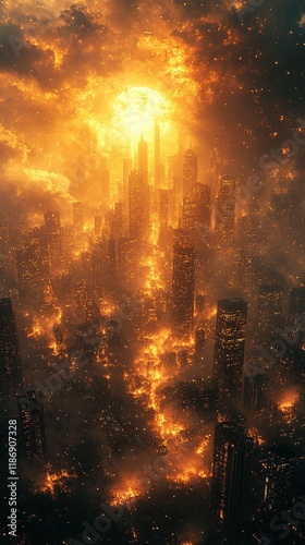 A dystopian city engulfed in flames under a dramatic, glowing sky.