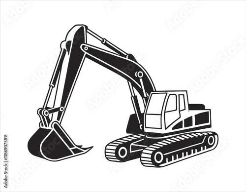 detailed vector drawing of an excavator, showcasing its arm, bucket, and tracks, ideal for engineering and construction-related projects.