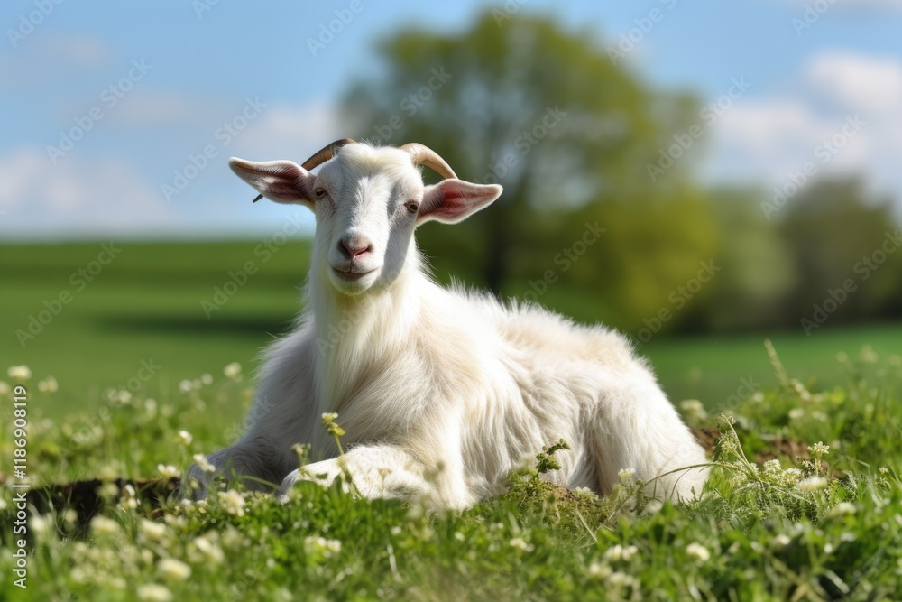 White Goat Lying on Green Grass in Nature's Meadow - A Stunning Farm Animal Image with Lush Green Background White Goat Lying on Green Grass in Nature's Meadow - A Stunning Farm Animal Image with Lush Green Background