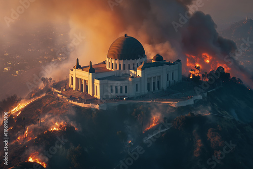 Griffith Observatory engulfed by wildfire smoke, showcasing dramatic landscapes and urgent environmental concerns photo