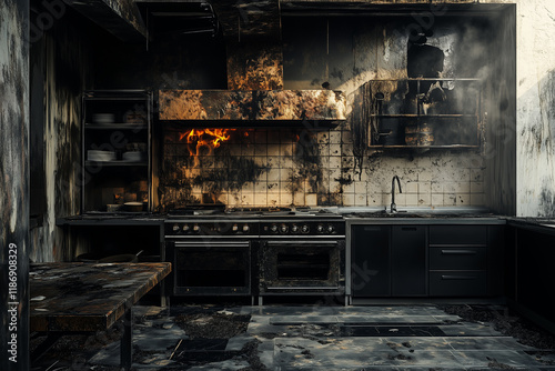 Remains of a luxury kitchen devastated by fire showing melted appliances and charred surfaces in a modern home