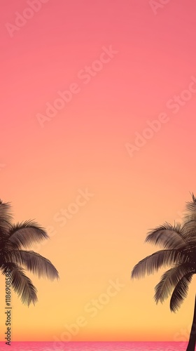 Tropical beach landscape at sunset featuring palm trees silhouetted against a vibrant sky with gradient colors of pink and orange, creating a serene and idyllic vacation scene