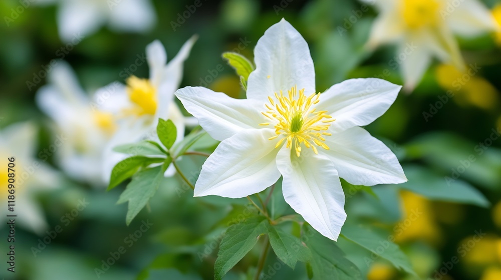 Delicate white clematis flower blooming in vibrant green spring garden : Generative AI Delicate white clematis flower blooming in vibrant green spring garden : Generative AI