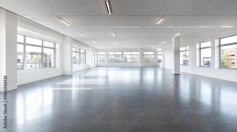 Fototapeta premium Spacious and Bright Empty Office with Large Windows for Modern Business Settings : Generative AI