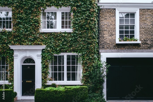 Elegant brick house covered in lush green ivy, showcasing classic architectural features and well-maintained garden in an inviting neighborhood during daytime
