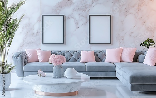 Modern living room interior design; grey sectional sofa, marble wall, pink decor photo