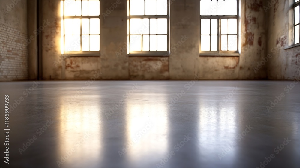 Fototapeta premium Spacious Industrial Loft with Sunlit Windows in Rustic Urban Setting : Generative AI