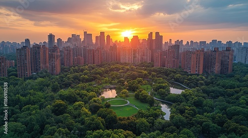 A stunning sunset over a city skyline, with lush greenery and water features in the foreground.