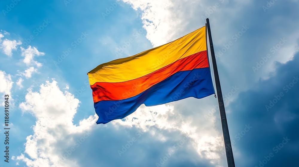 Vibrant Colombian Flag Fluttering Against a Bright Blue Sky : Generative AI Vibrant Colombian Flag Fluttering Against a Bright Blue Sky : Generative AI
