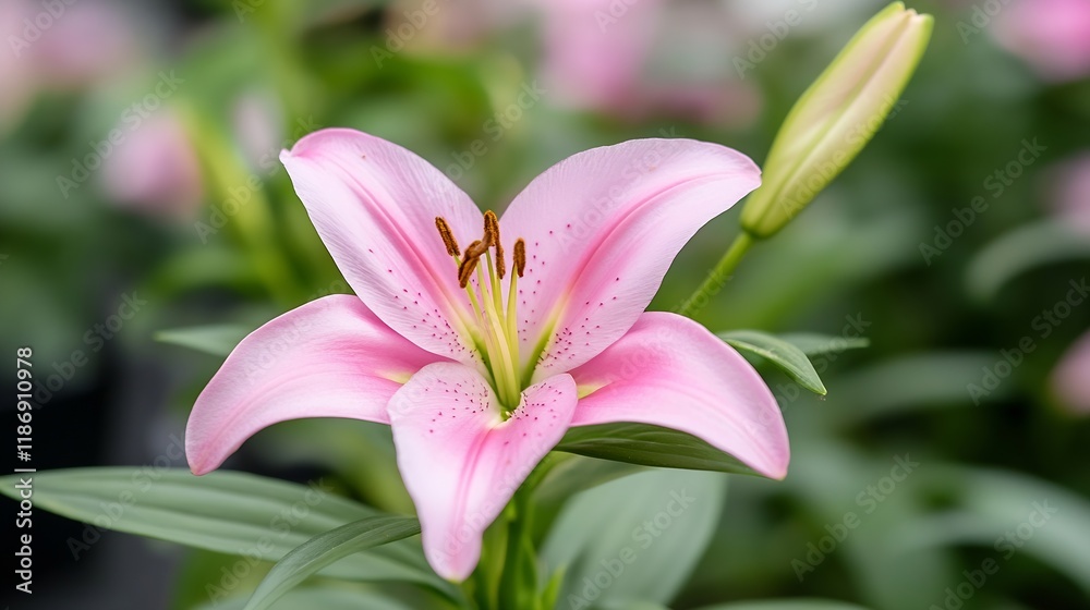 Vibrant Pink Lily Blooming in Garden with Buds and Green Leaves : Generative AI Vibrant Pink Lily Blooming in Garden with Buds and Green Leaves : Generative AI