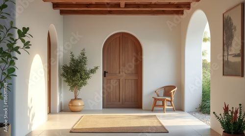 sunlit entryway with wooden door woven chair