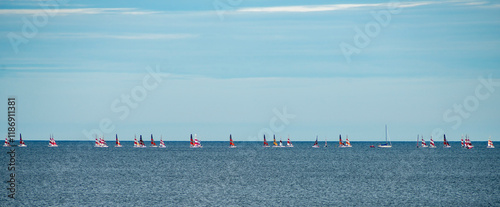 Panorama. Festive sport regatta of many yachts and sailboats in the Baltic Se...