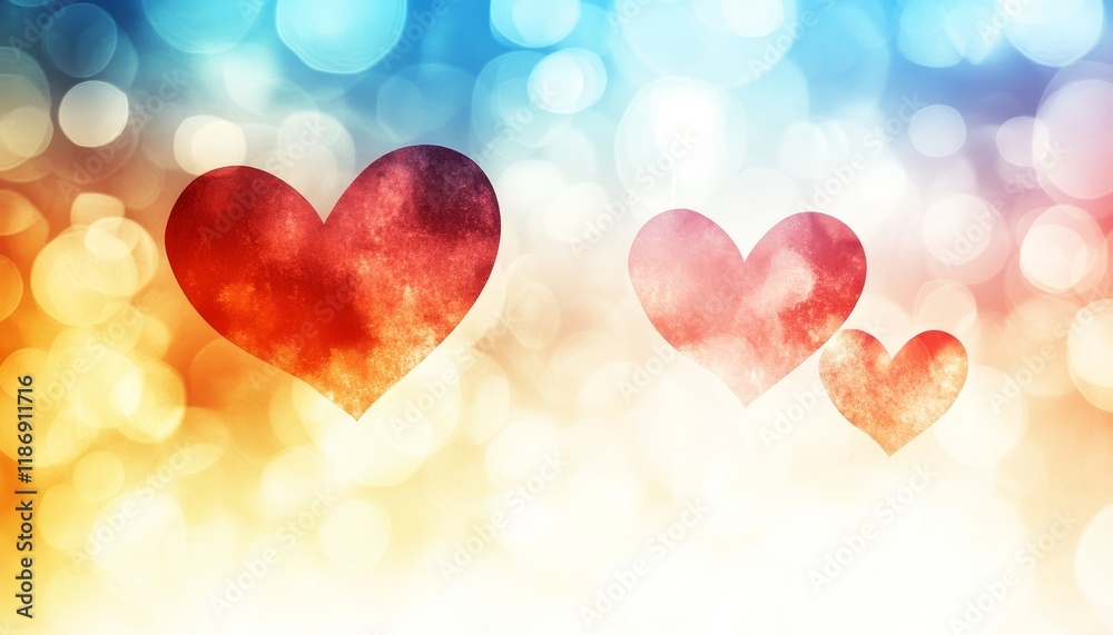 Fototapeta premium Romantic background with painted red, pink, hearts, bokeh, and copy space for Valentine s Day.