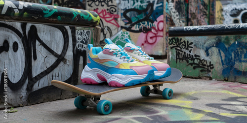 Colorful Sneakers on Skateboard Against Graffiti Wall. Stylish multicolored sneakers with bold design resting on a skateboard in an urban setting. photo