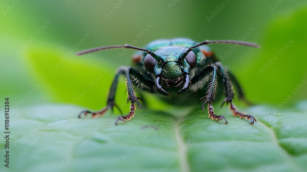 Macro Shot of Vibrant Green Beetle on Leaf Displaying Detailed Texture : Generative AI Macro Shot of Vibrant Green Beetle on Leaf Displaying Detailed Texture : Generative AI