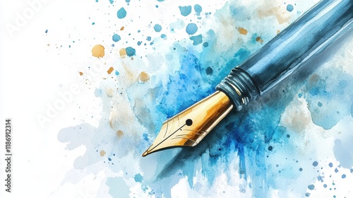 National Ghostwriters Week Elegant fountain pen with blue watercolor splashes for artistic inspiration and creative writing concepts